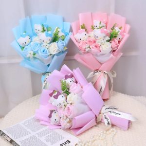 Kawaii Hello Kitty Cat Dolls with Artificial Flowers – Perfect Gift Bouquets