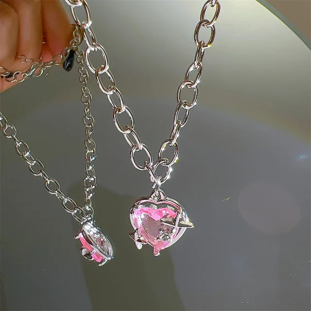 Y2K Pink Planet Heart Zircon Pendant Necklace - Image 7