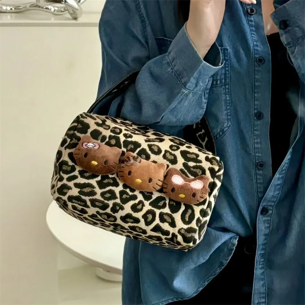 Sanrio Kawaii Hello Kitty Leopard Cosmetic Bag – Fashionable Handbag - Image 4