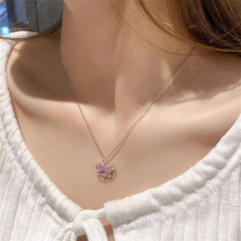 Y2K Pink Planet Heart Zircon Pendant Necklace - Image 4