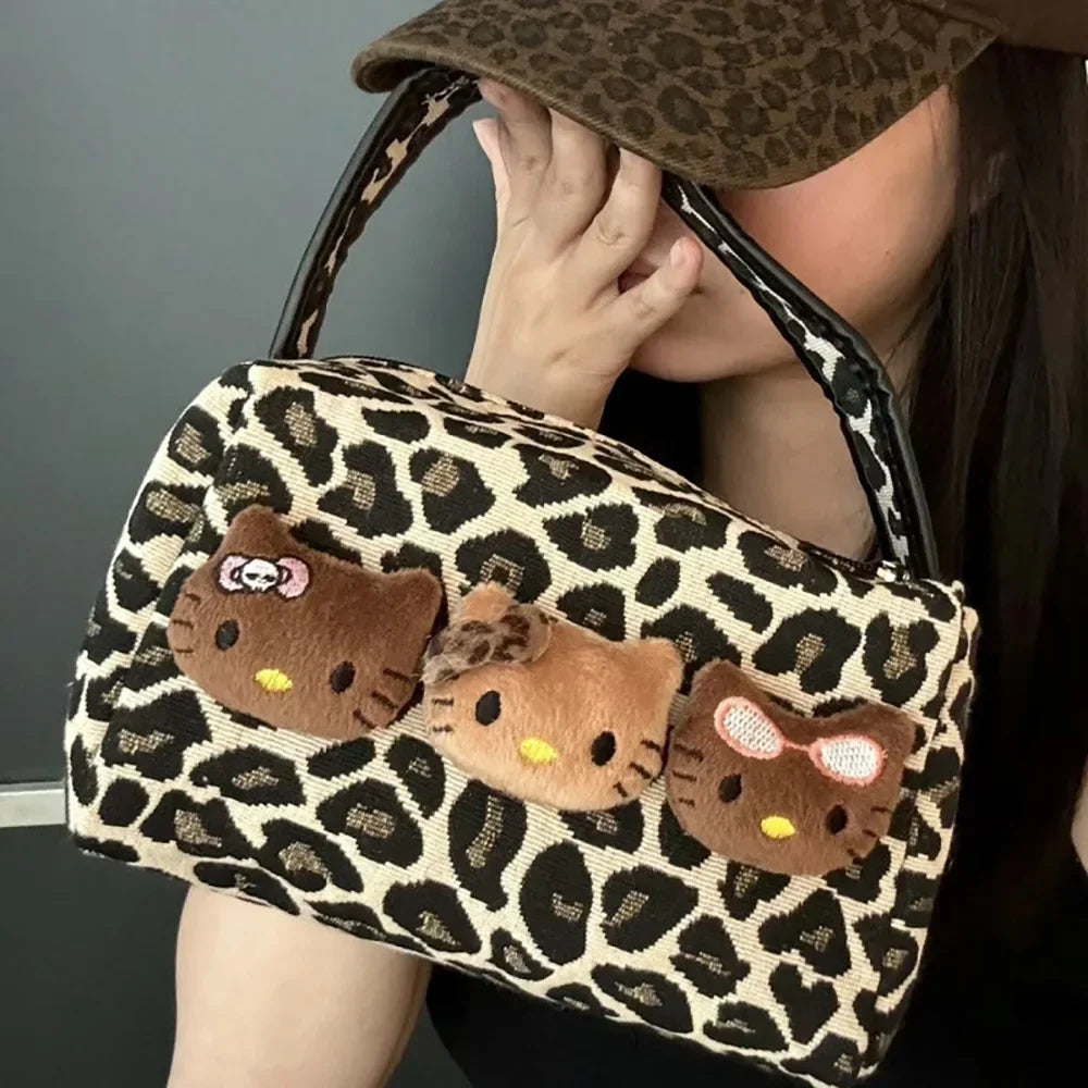 Sanrio Kawaii Hello Kitty Leopard Cosmetic Bag – Fashionable Handbag
